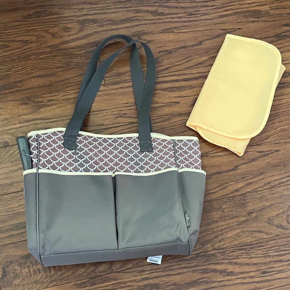 NEW!  With tag.  Grey and yellow diaper bag